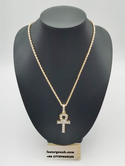 Rock Punk Hip Hop Gold Cuban Link Chain Full Diamond Cross Pendant Jewelry
