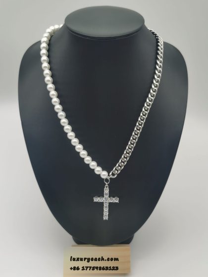 8mm Stainless Steel Cuban Chain Mixed Pearl Cuban Link Simple Cross Pendant Cuban Link Necklace