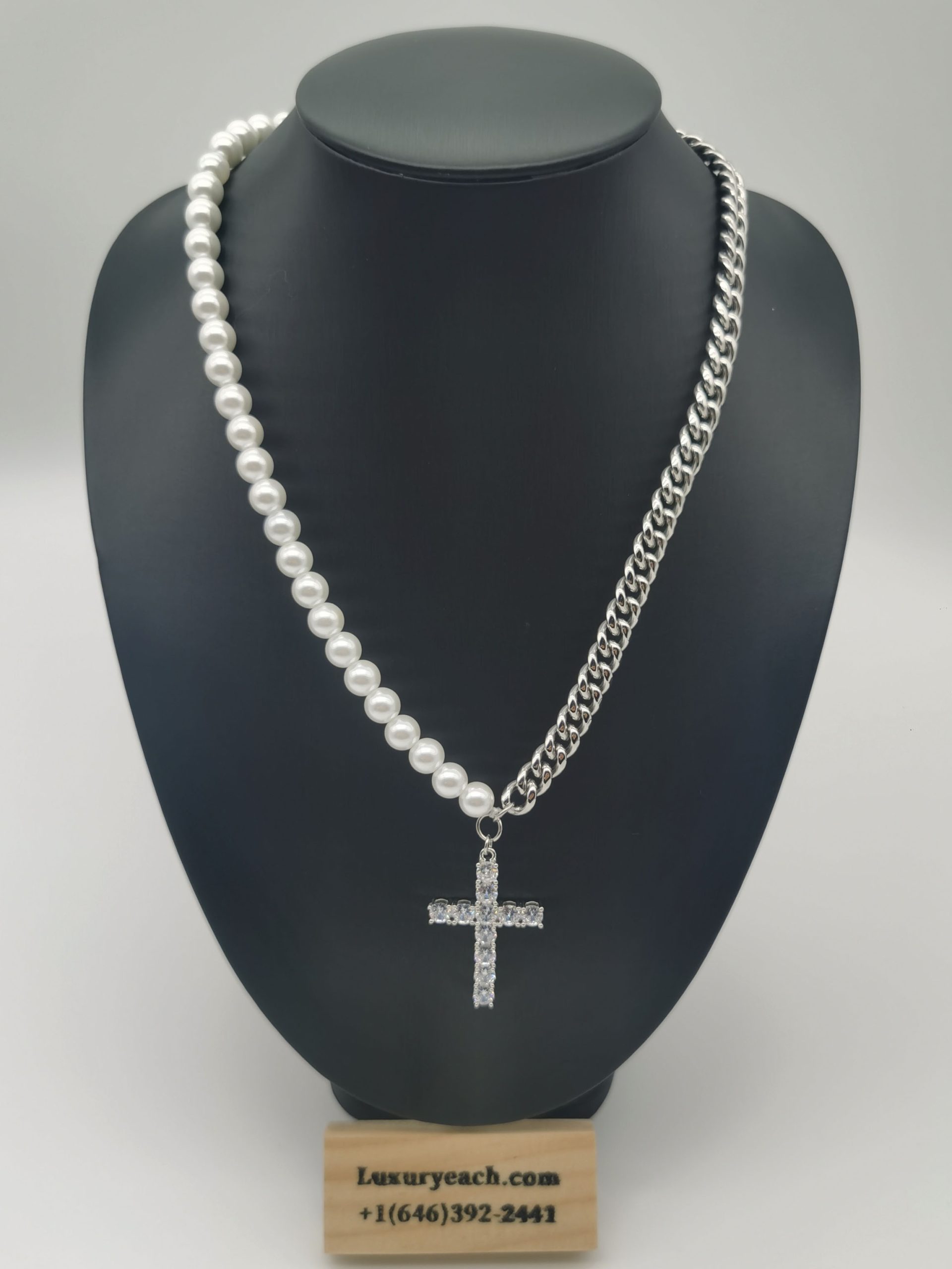8mm Stainless Steel Cuban Chain Mixed Pearl Cuban Link Simple Cross Pendant Cuban Link Necklace