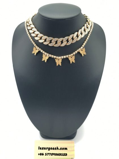 Punk Hip Hop Full of Diamond Cuban Chain Tmperament Simple Butterfly Womens Cuban Link Necklace